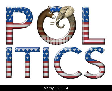 Digitale e foto illustrazione della parola politica con stelle e strisce così come un asino e testa di elefante per rappresentare i democratici e repubblicani Foto Stock