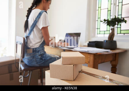 Vista posteriore della donna in esecuzione dal Business Home spedire delle merci Foto Stock