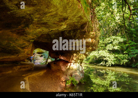 Fiume schwarzach, Gustav Adolf grotta, schwarzach gorge, vicino schwarzenbruck, terra di Norimberga, Media Franconia, Franconia, bavaria Foto Stock