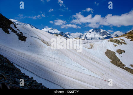 Conservazione dei ghiacciai e delle piste da neve, coprendo la neve con fogli di plastica bianca a Diavolezza Foto Stock