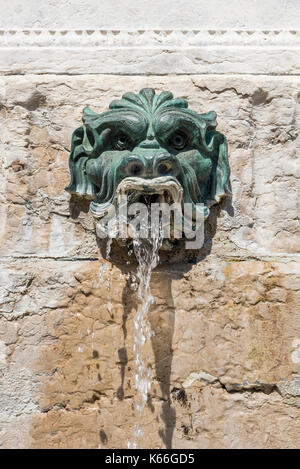 Primo piano della testa di leone in bronzo ornata sulla Fontana di Saint-Jean, situata in Place Saint-Jean, Lione, Francia, che mostra la sua maestria artigianale Foto Stock