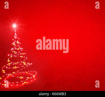 Albero di natale illustrato con le stringhe di luce su una texture di sfondo rosso - 3d illustrazione Foto Stock