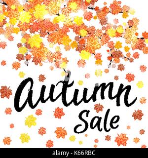 Vendita autunnale lettering banner design. Sconto stagionale caduta foglie poster con trama disegnata a mano tipografia e foglie su sfondo bianco. Colorata illustrazione vettoriale. EPS10 Illustrazione Vettoriale