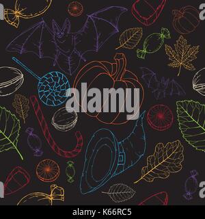 Luminose halloween seamless pattern sul nero. Illustrazione Vettoriale