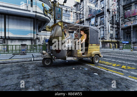 Cyborg donna di guida in auto rickshaw Foto Stock