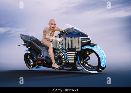 Cyborg donna equitazione motocicletta avveniristica Foto Stock