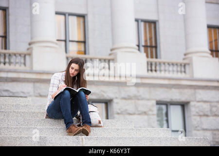 Caucasian donna seduta sulla scalinata iscritto nel notebook Foto Stock