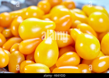 Varietà di giallo cimelio di pomodori ciliegia chiamato pera giallo e giallo (datterino o prugna) pomodori ciliegia. Foto Stock