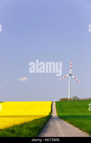 Wind Farm con la filatura turbina eolica nel mezzo di terreni agricoli di intensa produzione di colza. sostenibile e fonti di energia rinnovabile di produzione, ecologia un Foto Stock