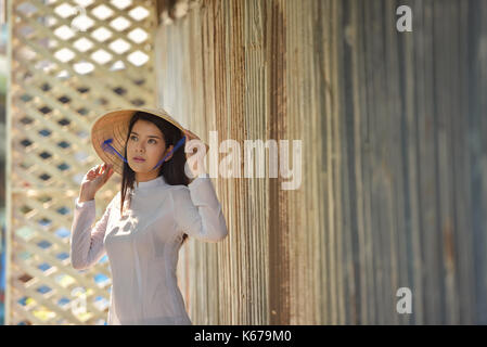 Ritratto di una donna che indossa un tradizionale cappello conico, Vietnam Foto Stock