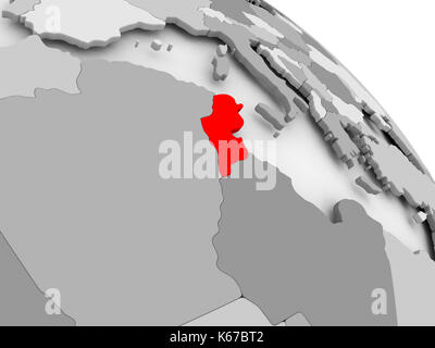 3D render della Tunisia in rosso e grigio mondo politico. 3d'illustrazione. Foto Stock