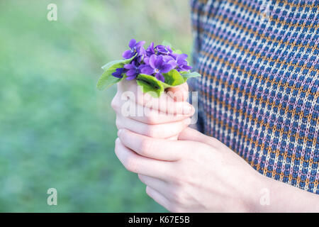 Ragazza con la mani giunte intorno a un mucchio di viola mammola circa per dare loro da qualcuno come un dono. Foto Stock