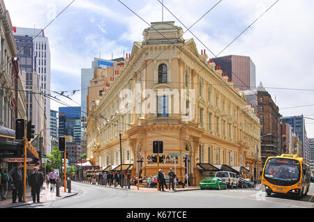 Vecchia Banca della Nuova Zelanda edificio (shopping arcade), CNR. Lambton Quay e Customhouse Quay, CBD, Wellington, Regione di Wellington, Nuova Zelanda Foto Stock