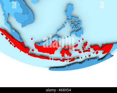 Illustrazione di indonesia evidenziata in rosso sul globo blu. 3d'illustrazione. Foto Stock