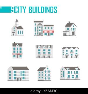 Nove edifici della città set di icone - illustrazione vettoriale su sfondo bianco. una chiesa, doppia, tre piani di case con facciate, balconi, caffè o sh Illustrazione Vettoriale