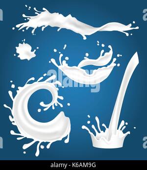 Versare il latte - moderno oggetti vettoriali isolato clip art su sfondo blu. clip art per presentazioni, banner, volantini. set di spruzzi bianchi, Blot, Illustrazione Vettoriale