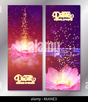 Set di due felice Diwali banner verticale con la candela incandescente in rosa loto. vettore. festa delle luci saluto volantini. Illustrazione Vettoriale