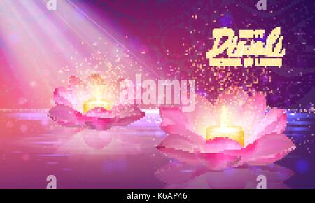 Illustrazione vettoriale della candela che brucia in fiori di loto. felice Diwali holiday sfondo. festa delle luci della scheda Messaggi di saluto Illustrazione Vettoriale