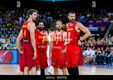 5 settembre 2017: Pau Gasol #4 (esp) Ricky Rubio #9 (esp) sergio Rodriguez #6 (esp) marc gasol #13 (esp) durante la fiba Eurobasket 2017 - gruppo c, gioco tra la Croazia e la Spagna a sala polivalente, Cluj - Napoca, Romania rou. foto: cronos Foto Stock