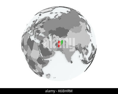 Afghanistan sul globo politico con bandiere incorporato. 3d illustrazione isolati su sfondo bianco. Foto Stock