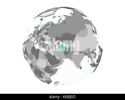 Il Turkmenistan sul globo politico con bandiere incorporato. 3d illustrazione isolati su sfondo bianco. Foto Stock