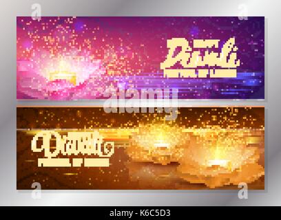 Set di due felice Diwali Banner orizzontale con la candela incandescente in rosa loto. vettore. festa delle luci saluto volantini. Illustrazione Vettoriale