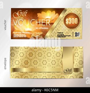 Lussuoso golden e voucher regalo per la festa di Diwali celebrazione. vettore, modello di voucher e design a busta set. Illustrazione Vettoriale