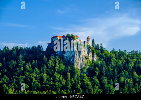 Il castello di Bled, blejski grad, situato su una montagna rocciosa, si vede attraverso il lago di Bled e blejsko jezero Foto Stock