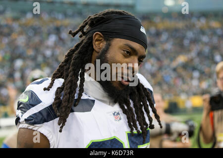 Green Bay, WI, Stati Uniti d'America. Decimo Sep, 2017. Seattle Seahawks cornerback Richard Sherman #25 dopo la NFL partita di calcio tra i Seattle Seahawks e il Green Bay Packers al Lambeau Field di Green Bay, WI. Green Bay sconfitto Seattle 17-9. John Fisher/CSM/Alamy Live News Foto Stock