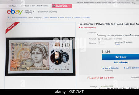 Regno Unito. Xii Sep, 2017. Elenco di Ebay per i nuovi dieci pound nota che sarà rilasciato giovedì, 14 settembre 2017. La quotazione di ebay è un Compralo Subito prezzo di £ 14,99 per un basso numero di serie. Nuove caratteristiche di nota di Jane Austen. offerta,gare,d'aste,sito, Foto Stock