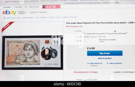 Regno Unito. Xii Sep, 2017. Elenco di Ebay per i nuovi dieci pound nota che sarà rilasciato giovedì, 14 settembre 2017. La quotazione di ebay è un Compralo Subito prezzo di £ 14,99 per un basso numero di serie. Nuove caratteristiche di nota di Jane Austen. offerta,gare,d'aste,sito, Foto Stock