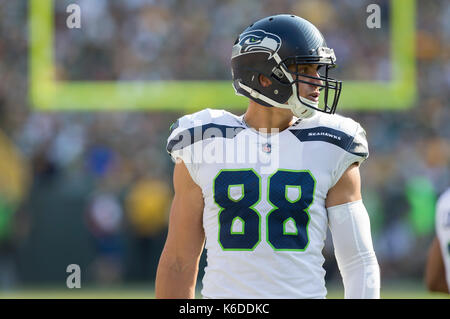 Green Bay, WI, Stati Uniti d'America. Decimo Sep, 2017. Seattle Seahawks stretto fine Jimmy Graham #88 prima della NFL partita di calcio tra i Seattle Seahawks e il Green Bay Packers al Lambeau Field di Green Bay, WI. Green Bay sconfitto Seattle 17-9. John Fisher/CSM/Alamy Live News Foto Stock