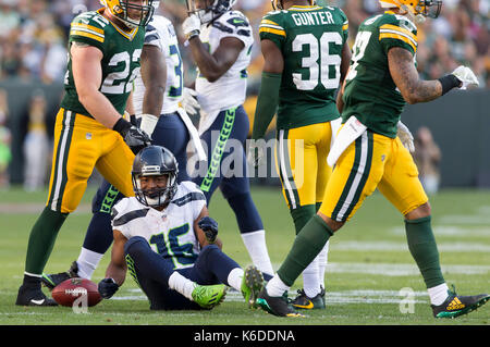 Green Bay, WI, Stati Uniti d'America. Decimo Sep, 2017. Seattle Seahawks wide receiver Tyler Lockett #16 durante la NFL partita di calcio tra i Seattle Seahawks e il Green Bay Packers al Lambeau Field di Green Bay, WI. Green Bay sconfitto Seattle 17-9. John Fisher/CSM/Alamy Live News Foto Stock