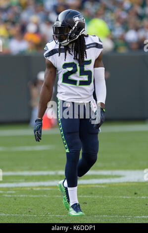 Green Bay, WI, Stati Uniti d'America. Decimo Sep, 2017. Seattle Seahawks cornerback Richard Sherman #25 durante la NFL partita di calcio tra i Seattle Seahawks e il Green Bay Packers al Lambeau Field di Green Bay, WI. Green Bay sconfitto Seattle 17-9. John Fisher/CSM/Alamy Live News Foto Stock