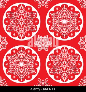 Vettore di Natale di musica folk - schema a fiocco di neve bianca mandala design uniforme sul rosso, stile scandinavo xmas wallpaper, la carta di avvolgimento o di materie tessili Illustrazione Vettoriale