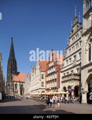 Muenster in Westfalen : Stadtwedinhaus, Lambertikirche, Prinzipalmarkt, Giebelhaeuser i Municipio, Chiesa Lambertikirche, Münster in Westfalia , NOR Foto Stock