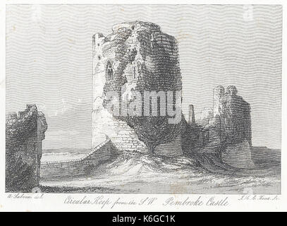 Torrione circolare dalla S. W. Pembroke Castle Foto Stock
