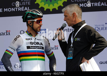 Montreal, Canada. 10/09/2017 Peter sagan della Slovacchia, pilota per uci world team bora-hansgrohe dà un pre-gara intervista al grand prix cycliste r Foto Stock