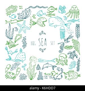 Set di fumetto di pesce e animali marini Illustrazione Vettoriale