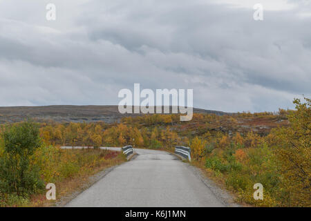 Autunno in montagna in Alta Finnmark piccolo ponte su una strada Foto Stock