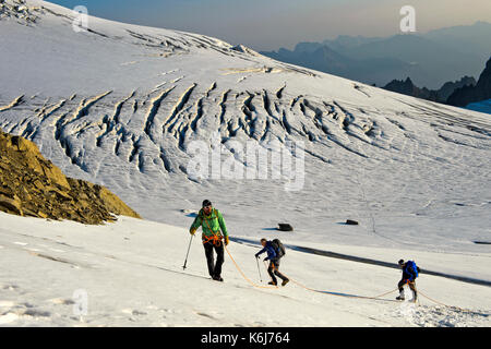 Gli alpinisti ascendente per il mountain pass col du tour sul ghiacciaio plateau du trient, Vallese, Svizzera Foto Stock