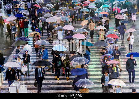 Tokyo, Giappone - 21 aprile 2014: pedoni che attraversano il famoso crosswalk scramble in Shibuya offerte ward Foto Stock
