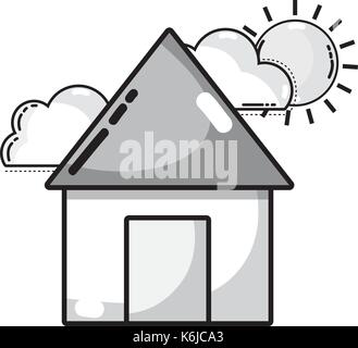 Casa in scala di grigi con le nuvole e sole meteo naturale Illustrazione Vettoriale