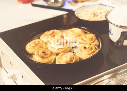 Torta fatta in casa con la carne in cucina, solo rimosso dal forno Foto Stock