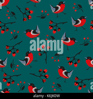 Bird seamless pattern. bullfinch uccelli su un moderno teal sfondo con bacche rosse di Rowan e radica. inverno/Merry Christmas collection.illus vettore Foto Stock