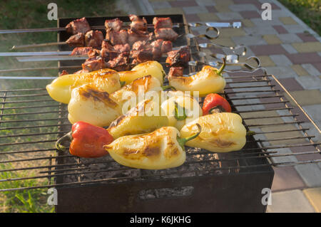 Peperoni outdoor cotto con pezzi di carne di maiale su carboni senza fiamma Foto Stock