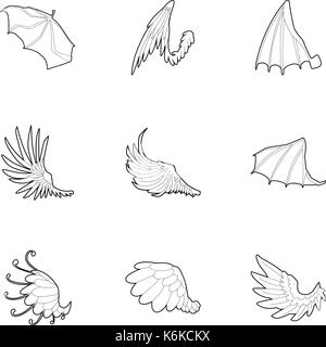 Ali di piume set di icone di stile di contorno Illustrazione Vettoriale