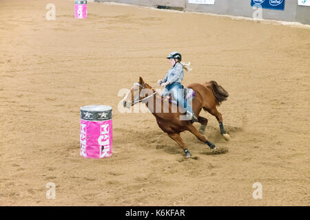 Cavallo Sport, onorevoli Finali Nazionali Corsa della botte presso l'Australian cavalli e bestiame Eventi Centro (AELEC) Indoor Arena,Tamworth NSW Australia,Se Foto Stock