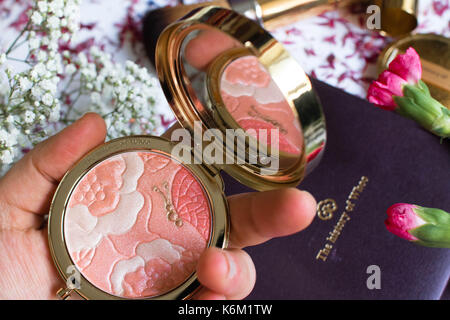 Bella blusher con farfalla dettaglio e bagliore con fiori su sfondo bianco Foto Stock