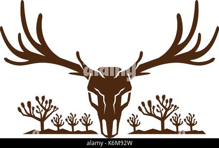 Lo stile dell'icona illustrazione di Mule Deer skull viste dalla parte anteriore con Joshua tree yucca palm e le montagne sullo sfondo. Illustrazione Vettoriale